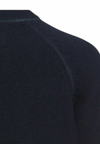 Dark navy knitted sweater fabric with a smooth texture, featuring a rugged seam at the shoulder. The design includes a ribbed neckline.