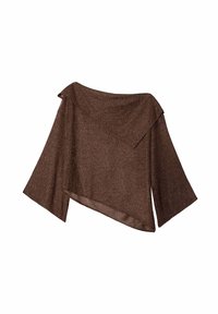 Top marrón de hombros descubiertos hecho de tela texturizada y brillante. Presenta mangas anchas y un dobladillo asimétrico para una silueta única.