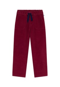 Pantaloni in corda bordeaux con vita elastica e lacci blu navy, dotati di due tasche frontali e design a gamba dritta.