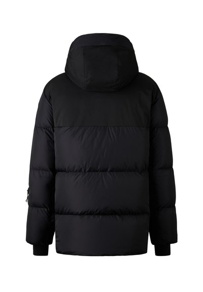 Black puffer jacket with a hood, featuring a two-tone design, quilted texture, and elastic cuffs. No visible hardware or patterns.