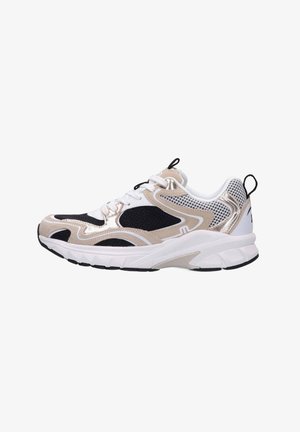 Sneaker with a black mesh upper, gold accents, white overlays, and thick white midsole. Features laces and a pull tab on the heel.