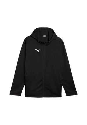Schwarze Zip-Hoodie aus leichtem Stoff, mit einer Kordelzugkapuze und einem weißen Puma-Logo auf der Brust. Glatte Textur, lange Ärmel.