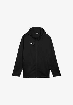 Schwarze Zip-Hoodie aus leichtem Stoff, mit einer Kordelzugkapuze und einem weißen Puma-Logo auf der Brust. Glatte Textur, lange Ärmel.