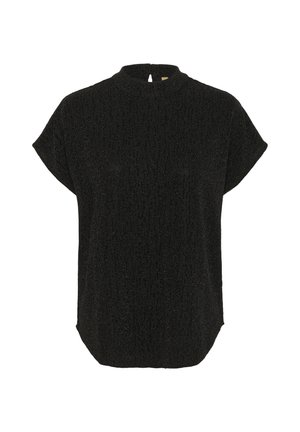Sort kortærmet top med en mock neck og nøglehuldetalje bagpå. Tekstureret, let skinnende stof med en afslappet pasform.