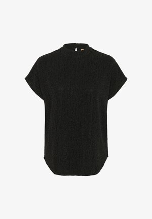 Črn kratkodlaki top z lahnim ovratnikom in odprtino na hrbtni strani. Teksturna, rahlo sijoča tkanina z sproščenim krojem.