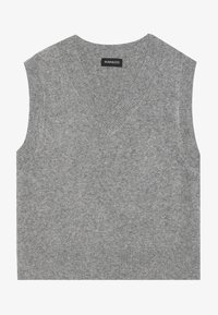 Grå ärmlös tröja med V-halsdesign. Tillverkad av ett mjukt, strukturerat material med ribbad sänka och en ren, minimalistisk look.