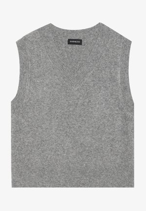 Harmaa ilmanhiha sweater, jossa on V-pääntie. Valmistettu pehmeästä, tekstuuripinnasta, jossa on raidoitettu helma ja siisti, minimalistinen ilme.