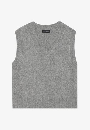 Šedý bezrucový sveter s A-čkovým výstrihom. Vyrobený z jemného, textúrovaného materiálu, ktorý má rebrovaný lem a čistý, minimalistický vzhľad.