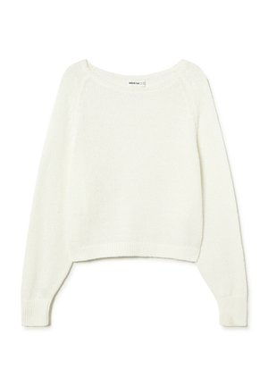 Jersey blanco de manga larga tejido, con un cuello redondo ancho y puños y dobladillo acanalados, mostrado extendido sobre un fondo blanco.