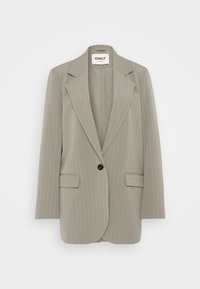 Světle šedý ženský blazer s jemným pruhovaným vzorem, klopovým límcem, dvěma předními kapsami na klopu, jedním černým knoflíkem a značkovou nášivkou uvnitř límce.