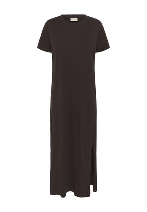 Vestido midi negro de manga corta con cuello redondo y abertura lateral en el dobladillo, hecho de tela suave y elástica.