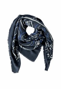 Donkerblauwe sjaal met witte en lichtblauwe abstracte stip- en lijnpatronen, zachte stof en franjes aan de randen, losjes gevouwen.