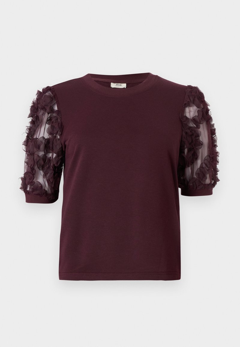 T-shirt bordeaux a maniche corte realizzato in morbido tessuto, con maniche in tulle decorate con volants floreali testurizzati.