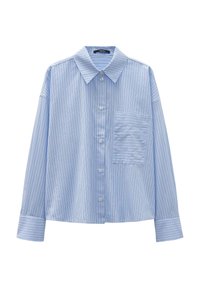 Blau gestreiftes Hemd mit Knöpfen, Kragen und langen Ärmeln. Verfügt über eine aufgesetzte Tasche auf der linken Brust und vertikale Streifen in unterschiedlichen Breiten.