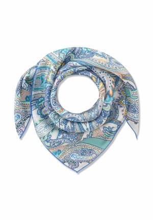 Quadratisches Seidentuch mit Paisley-Mustern in Blau, Türkis, Gelb und Rosa, spiralförmig gefaltet mit einer zentralen kreisförmigen Öffnung.