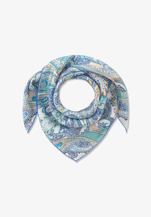 Square silk scarf with blue, teal, yellow, and pink paisley patterns, folded in a spiral with a central circular opening.