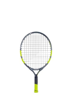 Racchetta da tennis con telaio e corde nere e giallo neon, impugnatura avvolta in nastro giallo neon e logo del marchio sul manico.