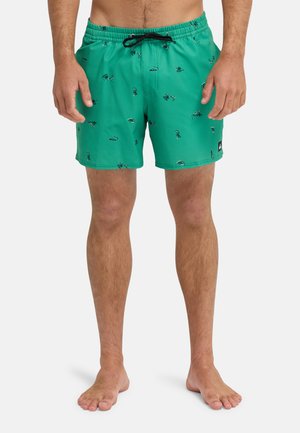 Homme portant un short de bain vert avec de petits motifs de crabes noirs, debout pieds nus sur un fond blanc.