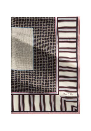 Sciarpa rettangolare con pois neri su sezioni marroni e crema con righe orizzontali e bordo rosa, firmata "Mono O Polo."