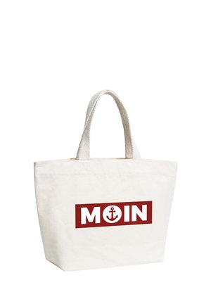Off-white canvas tote bag with short handles and a red rectangle logo reading "MOIN" with an anchor symbol inside the letter O.