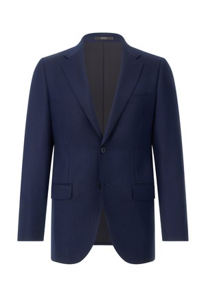 Blazer navy de tela texturizada, con cierre de un solo botón, solapas con muesca y dos bolsillos frontales. El interior está forrado.