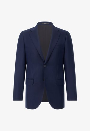 Marineblazer van textured stof, met een enkele knoopsluiting, gekliefde revers en twee voorzakken. De binnenkant is gevoerd.