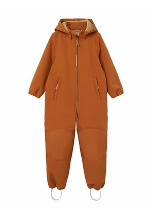 Jednoczęściowy kombinezon dziecięcy w kolorze rdzawym z kapturem, zamkiem z przodu, dwiema bocznymi kieszeniami, ściągaczami na mankietach i paskami na stopy.