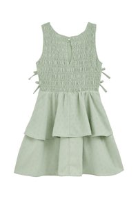 Mėtų žalios spalvos suknelė su smockingu bodu, pakopomis ir šoninėmis juostelėmis. Audinys turi subtilų tekstūruotą taškelio raštą. Nugaros skeltukas.