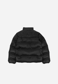 Black puffer jacket featuring a high collar, quilted texture, embossed logo detail on the back, and elastic cuffs for a snug fit.