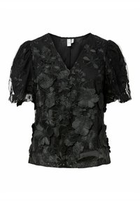 Zwarte blouse met een V-hals, korte pofmouwen en bloemborduursel als detail. Gemaakt van lichtgewicht stof met een gestructureerde afwerking.