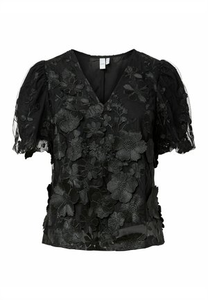 Svart bluse med V-formet utringning, korte puffermede ermer og broderidetaljer med blomster. Laget av lett stoff med teksturert finish.