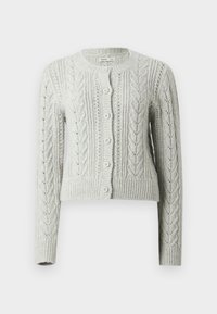 Light gray knitted cardigan featuring a cable pattern, button front closure, round neckline, and ribbed cuffs and hem.