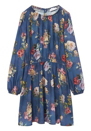 Niebieska sukienka z długim rękawem, zdobiona kwiatowym nadrukiem, z marszczonym okrągłym dekoltem i zbieraną talią. Miękka, lekka tkanina o swobodnym kroju.