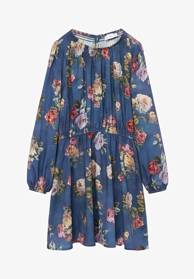 Robe longue à manches longues bleue avec un imprimé floral, col rond smocké et taille froncée. Tissu doux et léger avec une silhouette fluide.