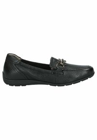 Musthave nahkased loafersid, millel on tekstureeritud viimistlus, dekoratiivne hõbedane pandla esiosas, madal profiil ja paindlik kummitald.