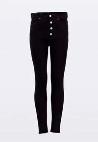Melnas augsta jostas daļas džinsa bikses ar piegulošu siluetu. Priekšpusē piecas pogas, pieci kabatas un gluda džinsa tekstūra.