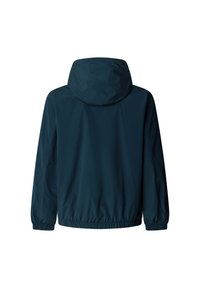 Chaqueta con capucha en azul oscuro, hecha de material ligero, con puños y dobladillo elásticos, que presenta una textura simple y suave.