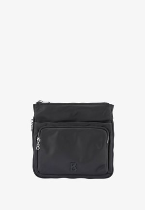 Borsa nera in nylon con due scomparti con zip, caratterizzata da una superficie testurizzata e un piccolo logo impresso sulla tasca frontale.