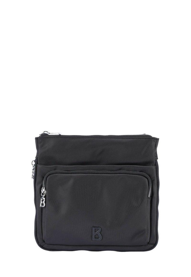 Borsa nera in nylon con due scomparti con zip, caratterizzata da una superficie testurizzata e un piccolo logo impresso sulla tasca frontale.