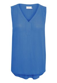 Blusa senza maniche in tessuto leggero di colore blu. Presenta una scollatura a V, una leggera texture e un orlo arrotondato per una vestibilità rilassata.