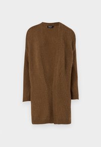 Cárdigan marrón de punto con un frente abierto, mangas largas y un patrón texturizado. Material suave y corte relajado. Sin cierres ni adornos.