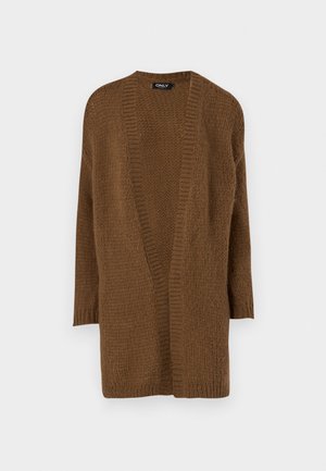 Cardigan en maille marron avec un devant ouvert, des manches longues et un motif texturé. Matière douce et coupe décontractée. Pas de fermetures ni d'embellissements.
