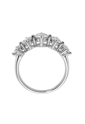 Five-stone ring features oval-cut clear stones in a polished silver band, showcasing a smooth, reflective surface and an open design.