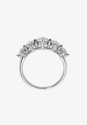 Der fünfsteineringe verfügt über oval geschliffene, klare Steine in einem polierten Silberband, das eine glatte, reflektierende Oberfläche und ein offenes Design zeigt.