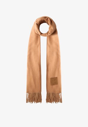 Tan scarf made of soft fabric, featuring fringed edges and a rectangular shape. Includes a branded leather accent on one side.