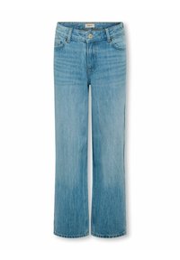 Šviesiai mėlyni tiesių kojų džinsai su penkiais kišenėmis, mygtuku ir užtrauktuku, rodomi ant balto fono.