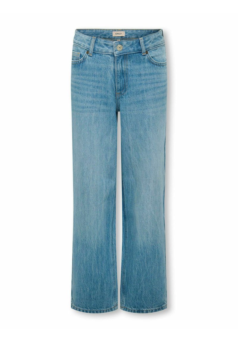 Šviesiai mėlyni tiesių kojų džinsai su penkiais kišenėmis, mygtuku ir užtrauktuku, rodomi ant balto fono.