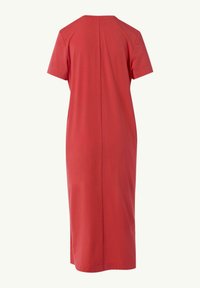 Rotes kurzärmliges Kleid mit geradem Schnitt, knielang, mit einer Nahtdetail auf der Rückseite. Aus weichem, glattem Stoff gefertigt.