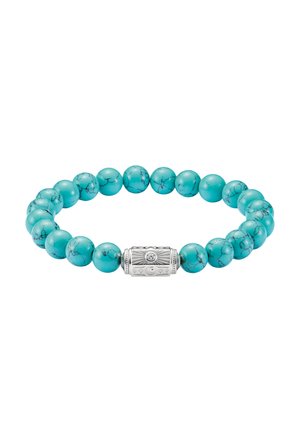 Türkisfarbenes Perlenarmband mit runden Steinen und einem zylindrischen silbernen Verschluss mit gravierten Mustern und einem kleinen zentralen Edelstein.
