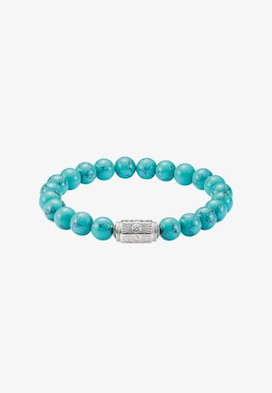 Türkisfarbenes Perlenarmband mit runden Steinen und einem zylindrischen silbernen Verschluss mit gravierten Mustern und einem kleinen zentralen Edelstein.